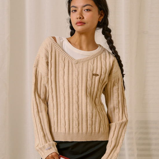 Bitter Cells C.G V Neck Cable Sweater in Beige