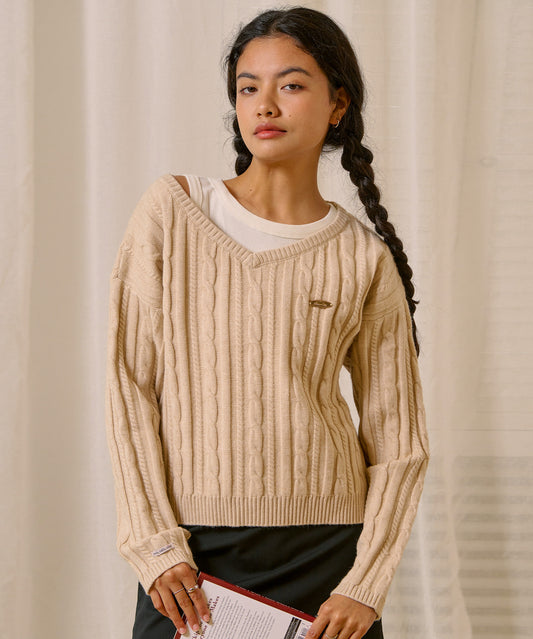 Bitter Cells C.G V Neck Cable Sweater in Beige