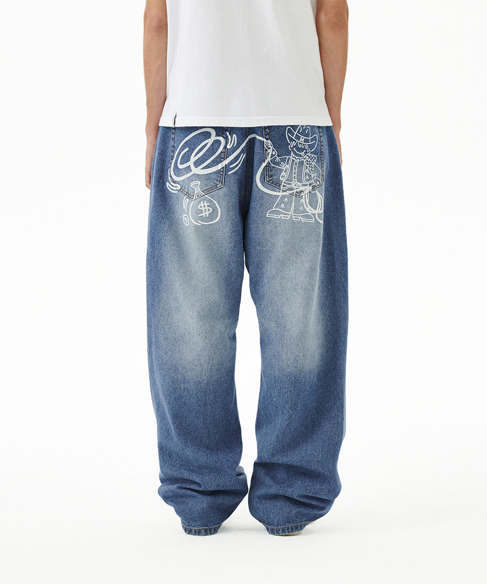 Mahagrid Back Logo Washed Denim Pants [Blue]