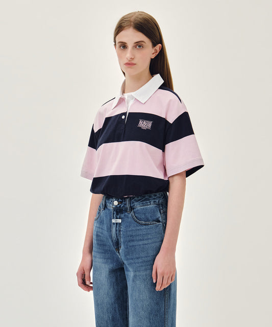 Marithé François Girbaud [S사이즈 7/10 예약발송] SMALL CLASSIC LOGO RUGBY STRIPE OVERSIZED COLLAR TEE pink