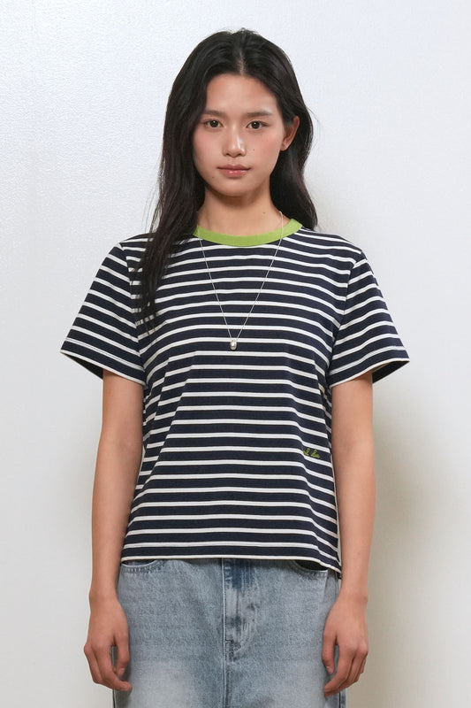 General Idea WOMAN Color-Block Stripe Short Sleeve T-Shirt [NAVY]