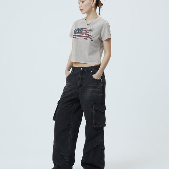 Mahagrid Washed Flag Crop Tee in Beige