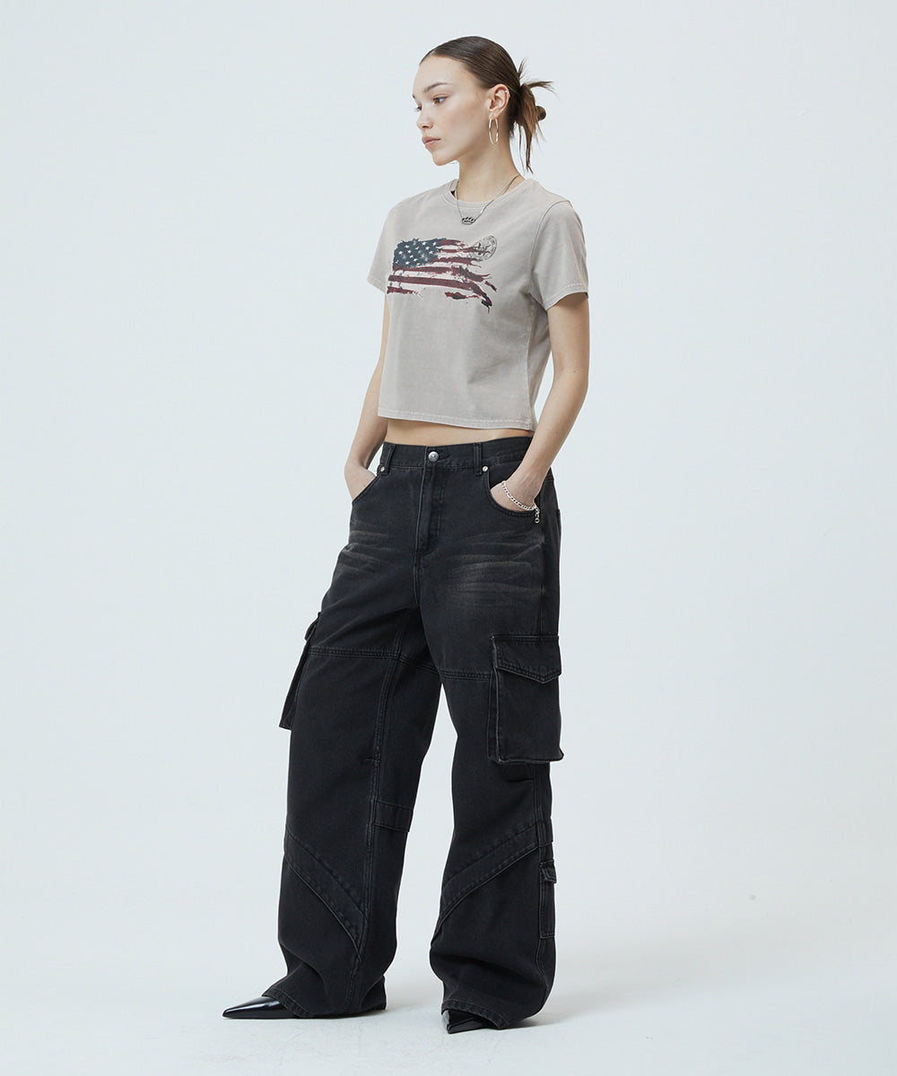 Mahagrid Washed Flag Crop Tee in Beige