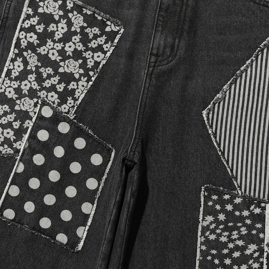 Nice Ghost Club Pattern Patchwork Wide Denim Pants