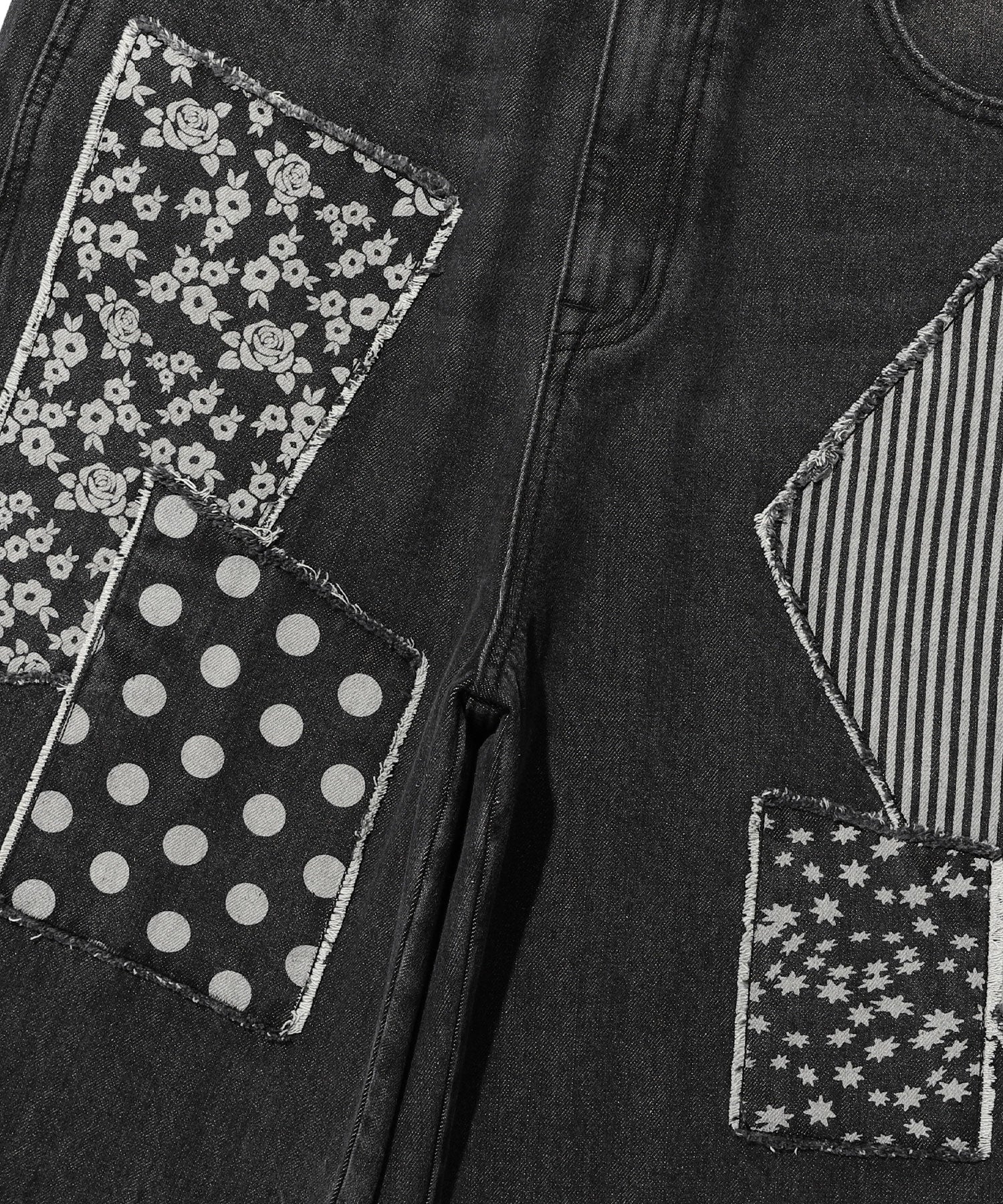 Nice Ghost Club Pattern Patchwork Wide Denim Pants