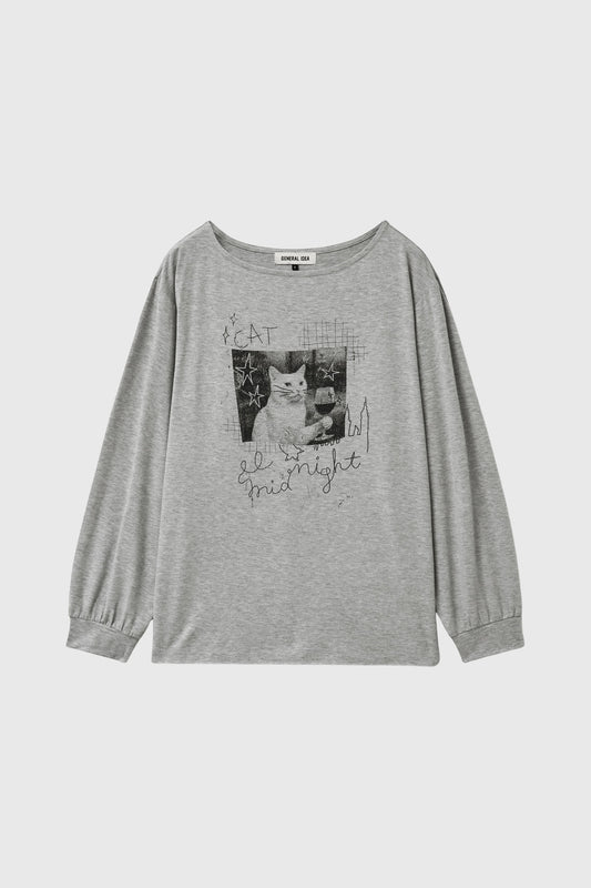 General Idea WOMAN Boat Neck Loose Fit Graphic T-Shirt [MELANGE GREY]