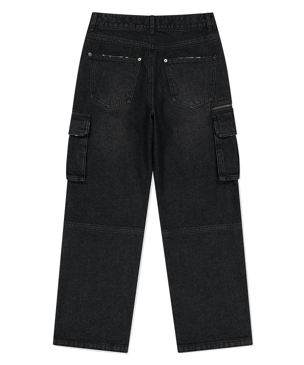 Mahagrid Washed Zip Cargo Denim Pant [Black]