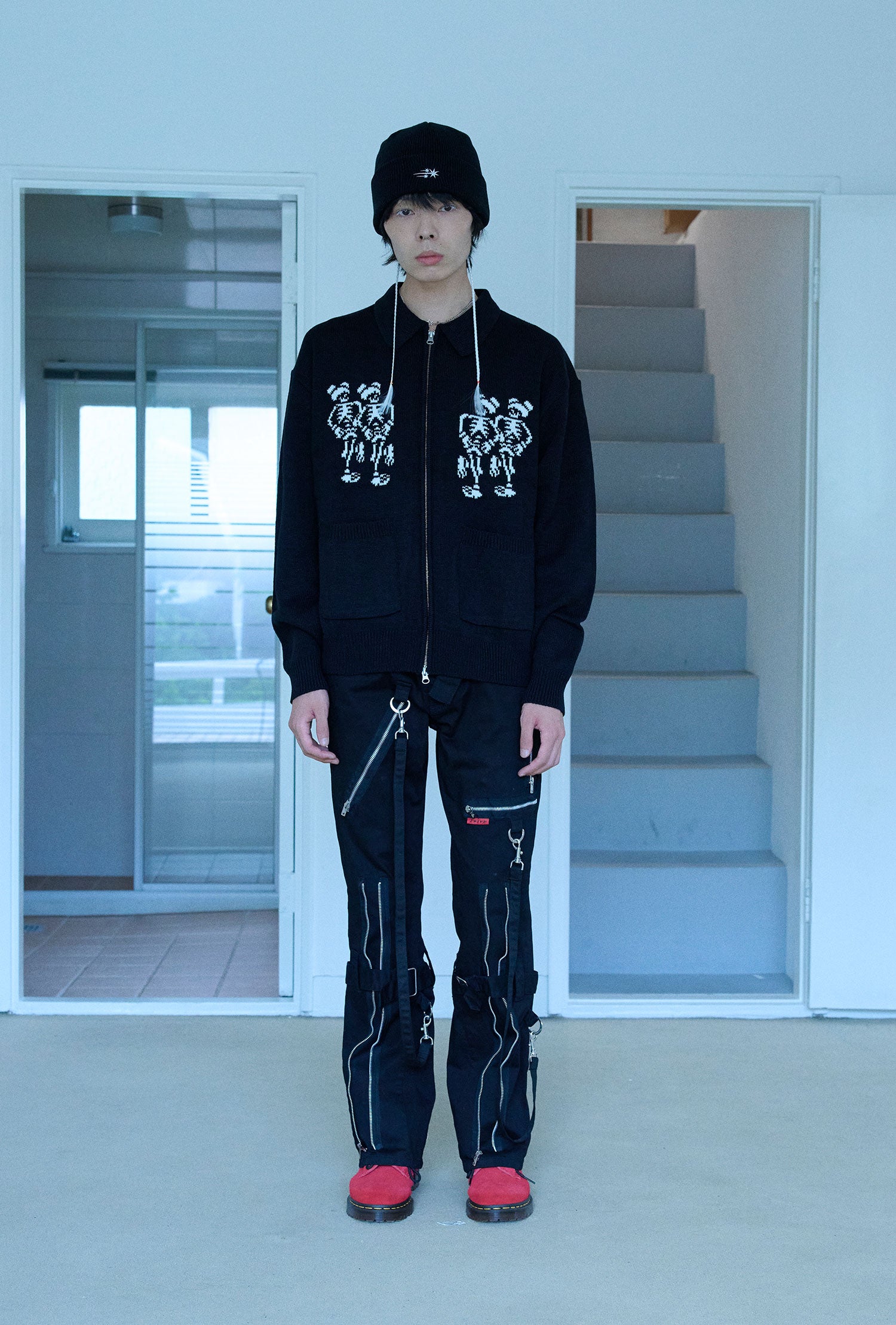 Nice Ghost Club Dancing Skeletons Zip Polo Knit