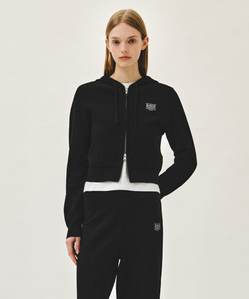 Marithé François Girbaud W SMALL CLASSIC LOGO CROP KNIT HOODIE ZIPUP black