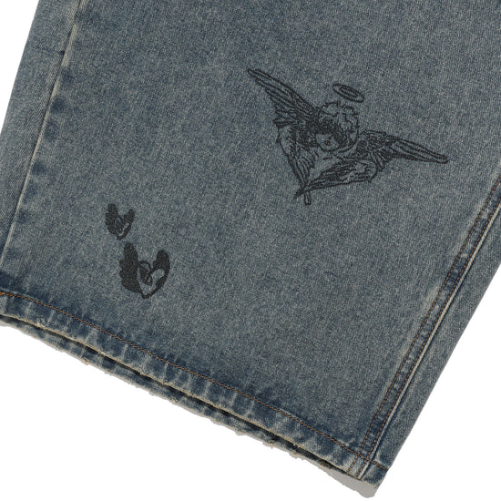 Nice Ghost Club Big Wide Bermuda Doodle Denim Pants