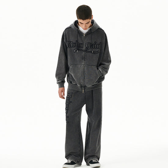 Mahagrid Washed Cut Off Applique Hood Zip Up