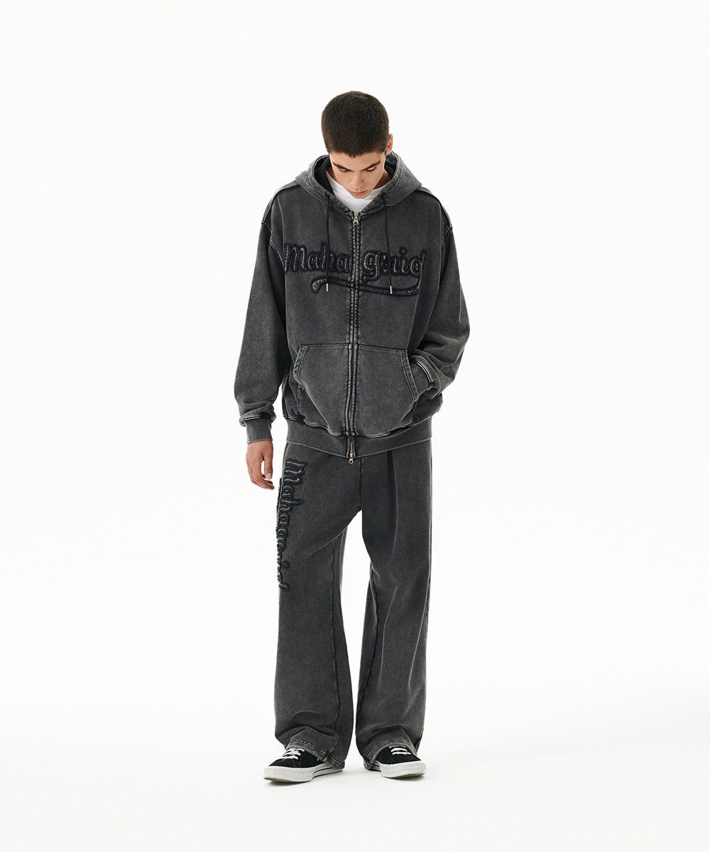 Mahagrid Washed Cut Off Applique Hood Zip Up