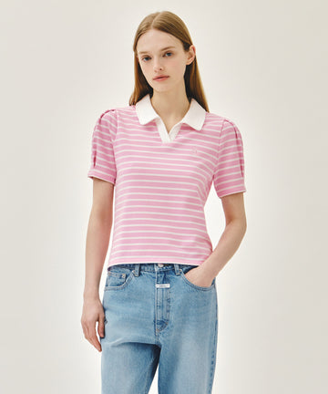 Marithé François Girbaud W COLLAR STRIPE HALF SLEEVE CROP SWEATSHIRT pink