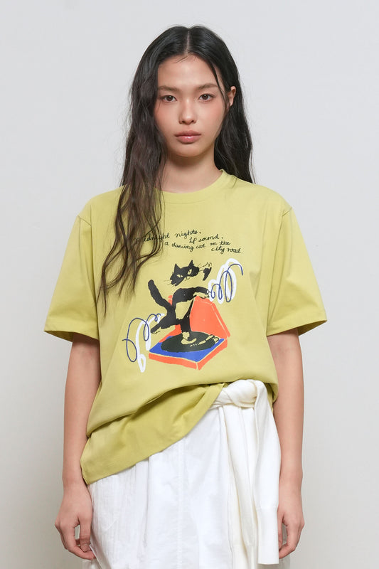 General Idea WOMAN Dancing Cat Oversized Short Sleeve T-Shirt [LIME]