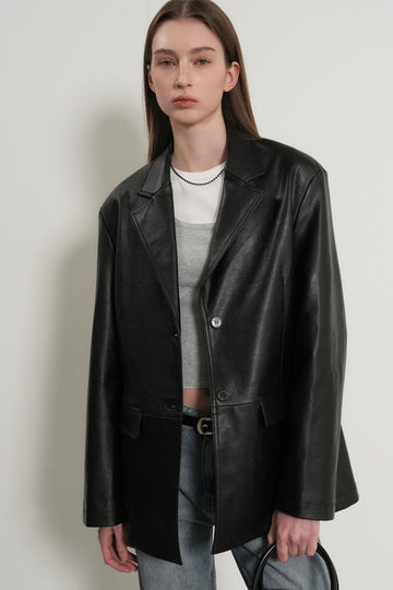 General Idea WOMAN Oversized Faux Leather Single Breasted Jacket [BLACK]