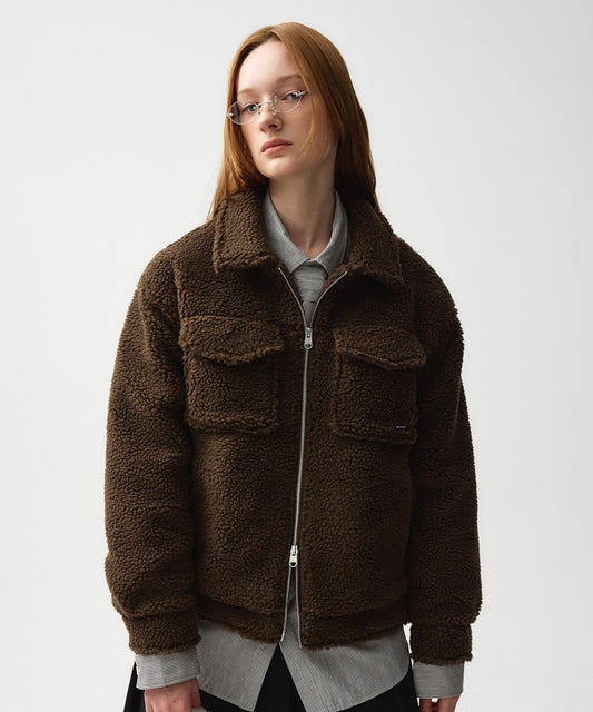Marithé François Girbaud NU WEEK FUR OVERSIZED ZIP-UP JACKET Dark Brown