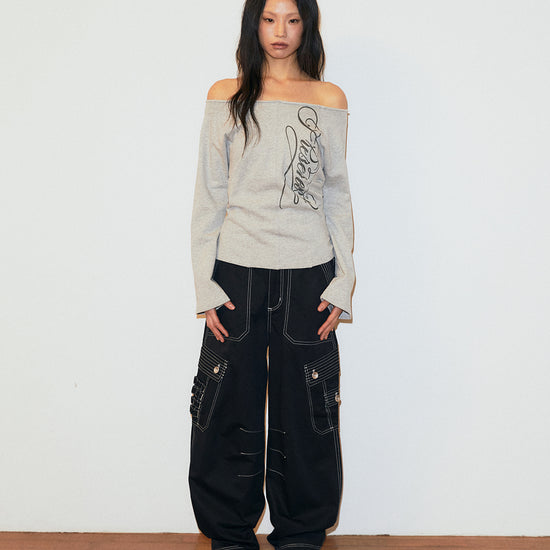 Mahagrid Washed Cut Out Present Off Shoulder Tee in Black