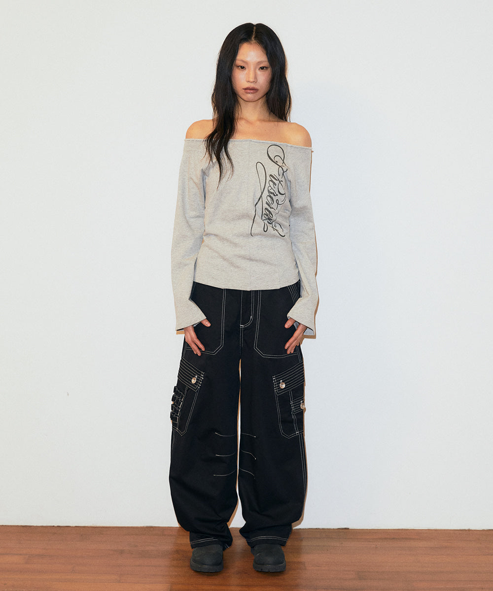 Mahagrid Washed Cut Out Present Off Shoulder Tee in Black
