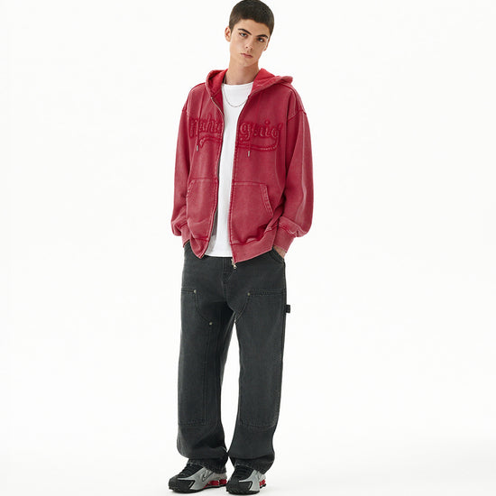 Mahagrid Washed Cut Off Applique Hood Zip Up