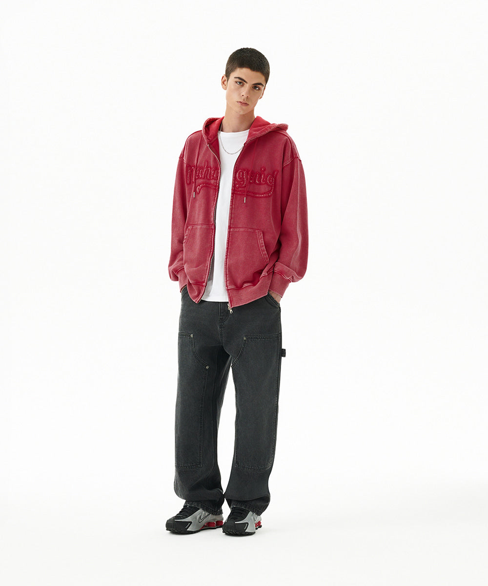 Mahagrid Washed Cut Off Applique Hood Zip Up