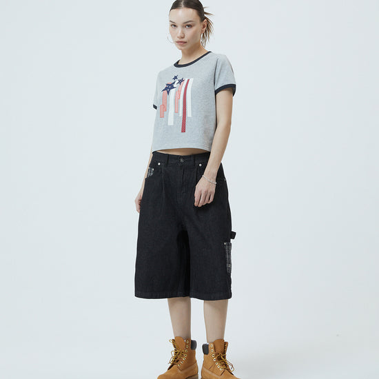 Mahagrid Flag Applique Ringer Crop Tee in White