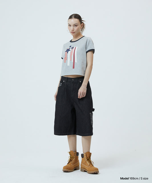 Mahagrid Flag Applique Ringer Crop Tee in White