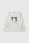 General Idea WOMAN Boat Neck Loose Fit Graphic Long Sleeve T-Shirt [WHITE]