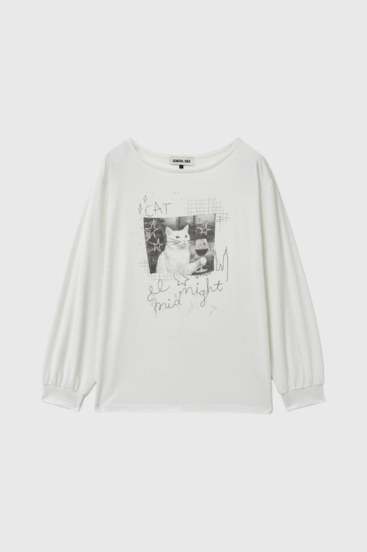 General Idea WOMAN Boat Neck Loose Fit Graphic Long Sleeve T-Shirt [WHITE]