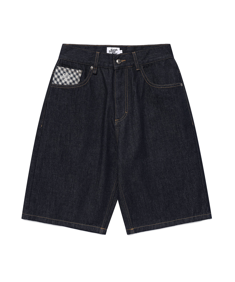 Cavish Check Applique Denim Shorts [Blue]
