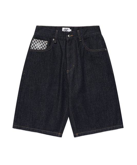 Cavish Check Applique Denim Shorts [Blue]