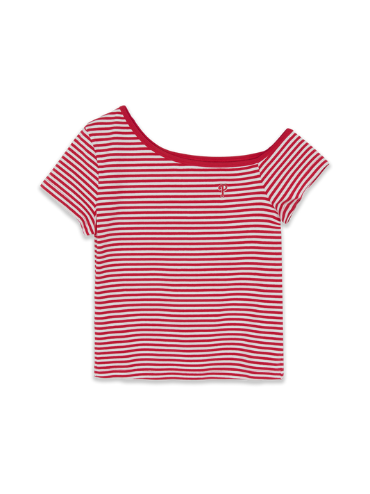 MLB Women's Varsity Stripe Off Shoulder Slim Semi Crop T-Shirts