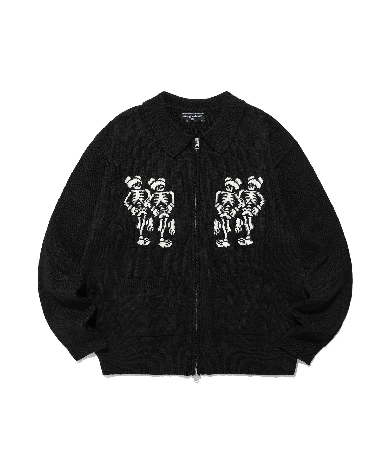 Nice Ghost Club Dancing Skeletons Zip Polo Knit