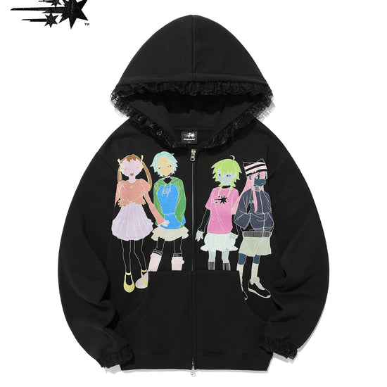 Nice Ghost Club Ghost Angels Lace Hoodie Zip Up [Black]