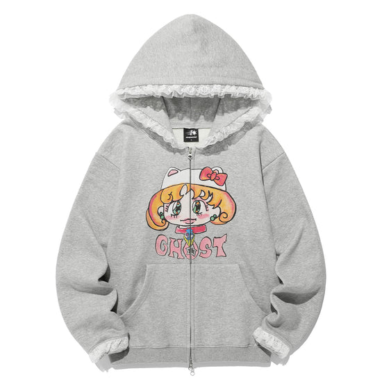 Nice Ghost Club Soul Pussy Cat Ghost Soul Girl Cat Hoodie Zip Up Grey