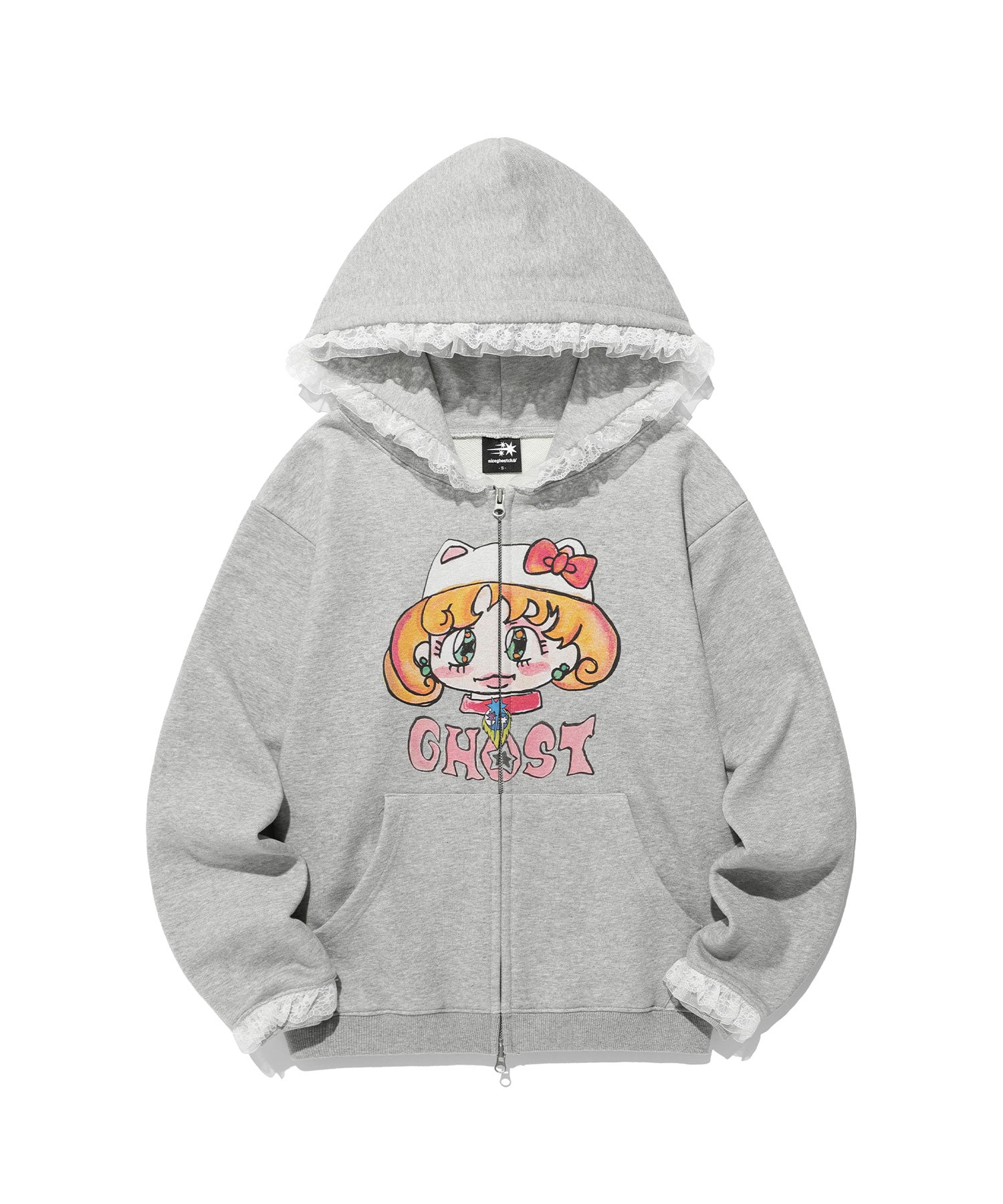 Nice Ghost Club Soul Pussy Cat Ghost Soul Girl Cat Hoodie Zip Up Grey
