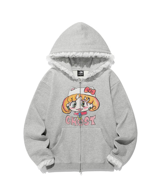 Nice Ghost Club Soul Pussy Cat Ghost Soul Girl Cat Hoodie Zip Up Grey
