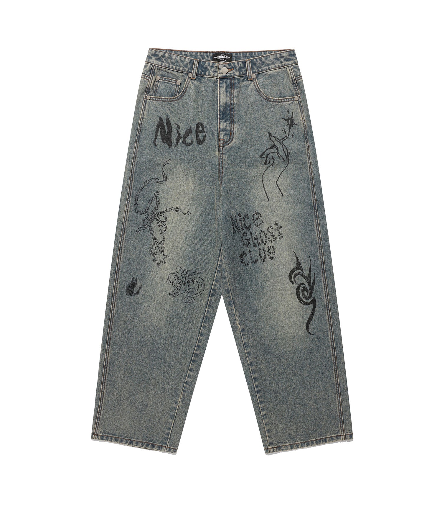 Nice Ghost Club Doodle Graphic Wide Jeans