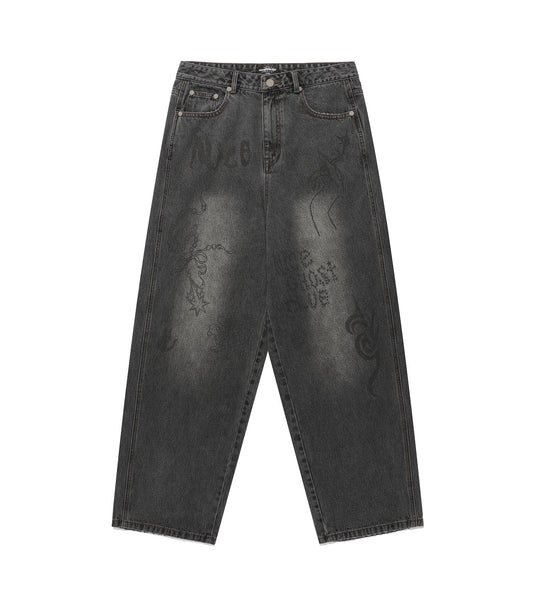 Nice Ghost Club Doodle Graphic Wide Jeans