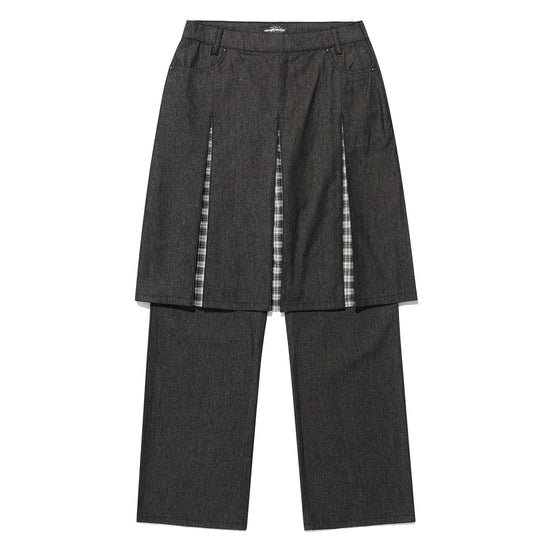 Nice Ghost Club Denim Pleats Panel Layered Skirt Pants