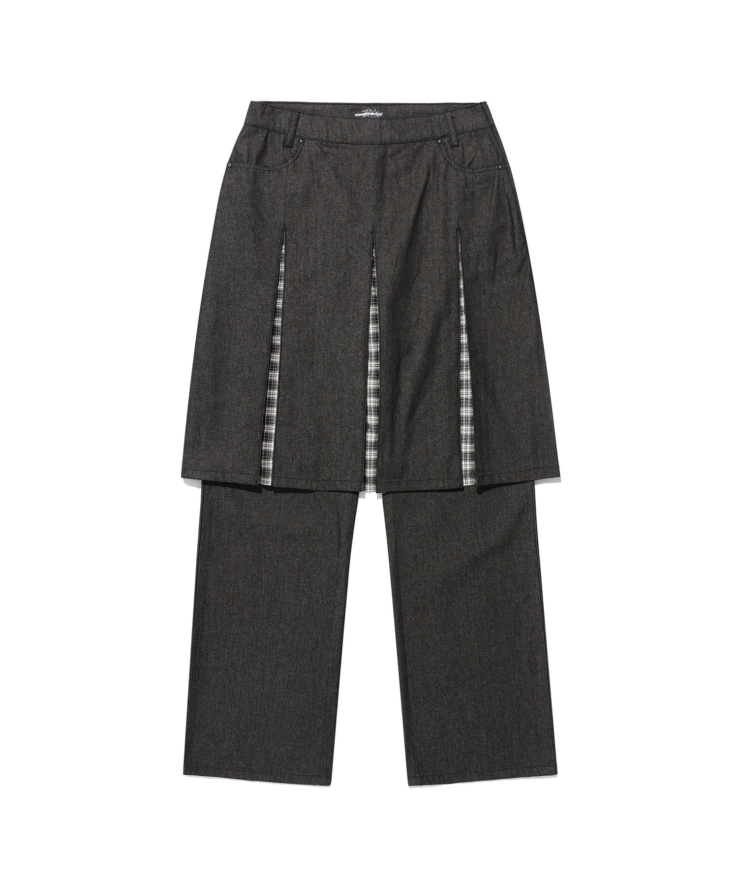 Nice Ghost Club Denim Pleats Panel Layered Skirt Pants