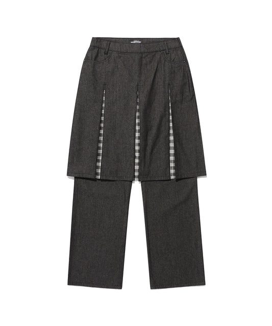Nice Ghost Club Denim Pleats Panel Layered Skirt Pants