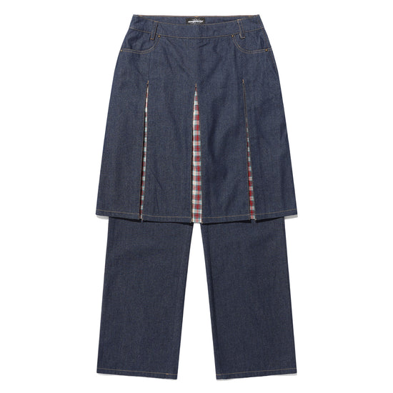 Nice Ghost Club Denim Pleats Panel Layered Skirt Pants