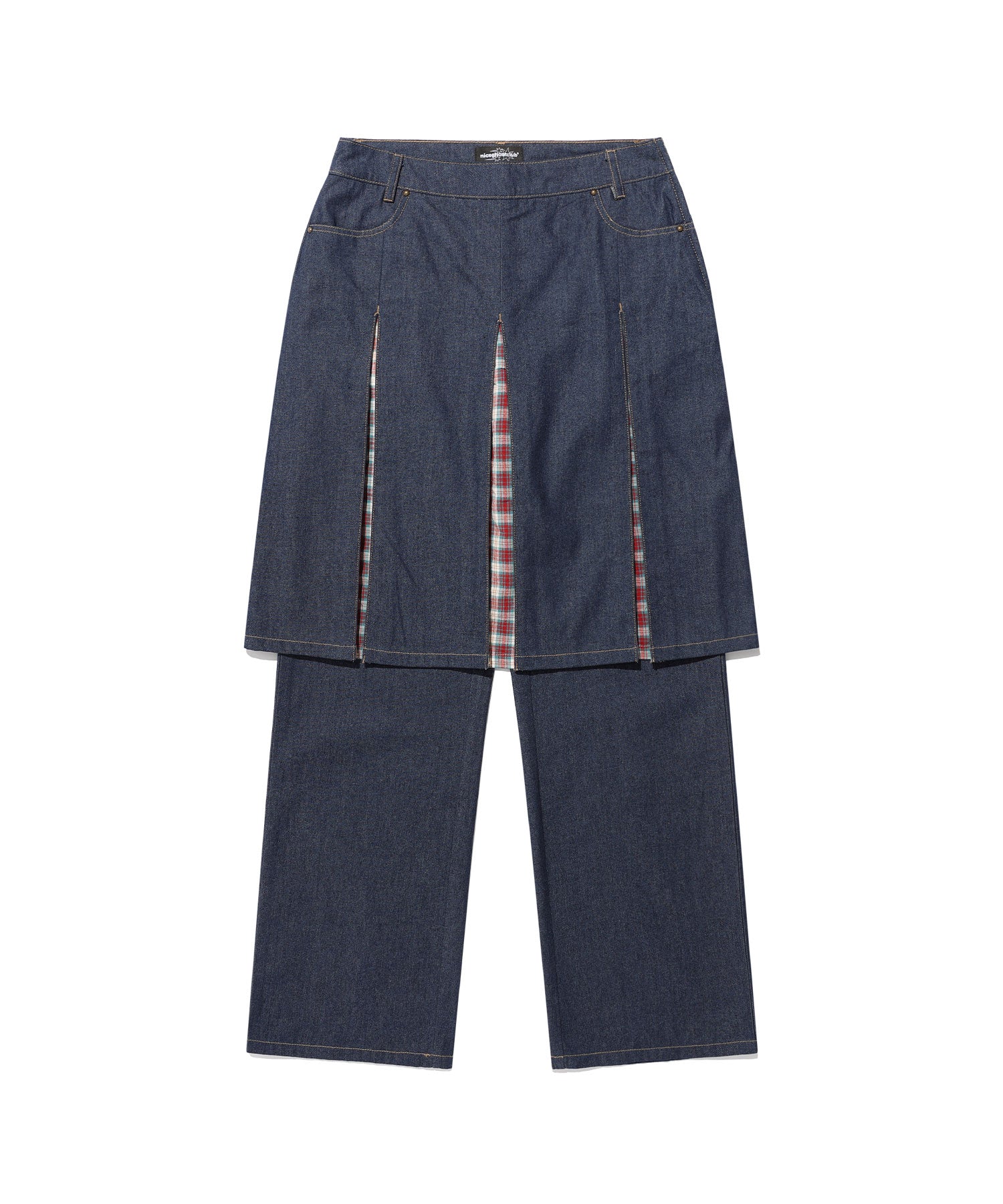 Nice Ghost Club Denim Pleats Panel Layered Skirt Pants