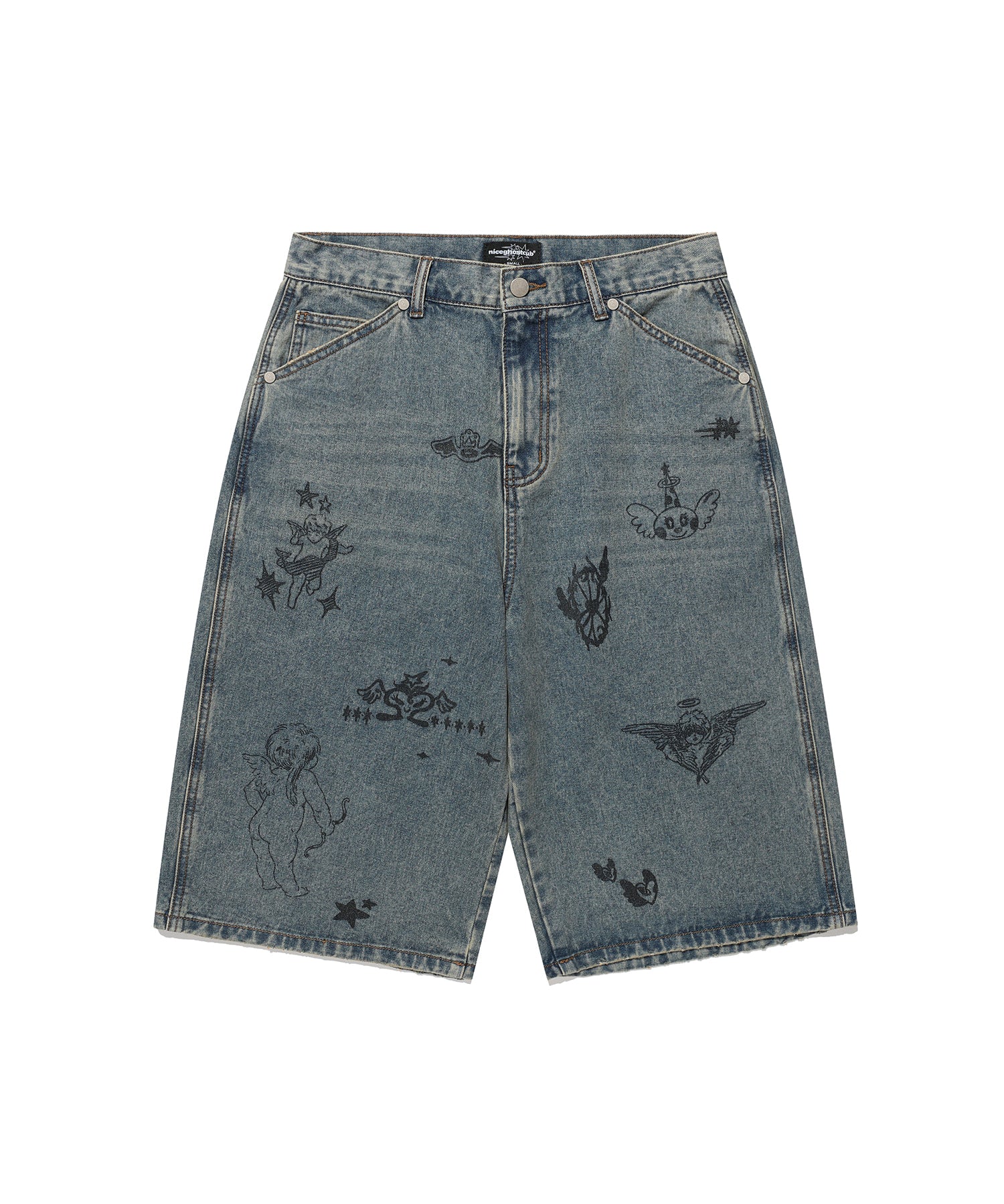 Nice Ghost Club Big Wide Bermuda Doodle Denim Pants
