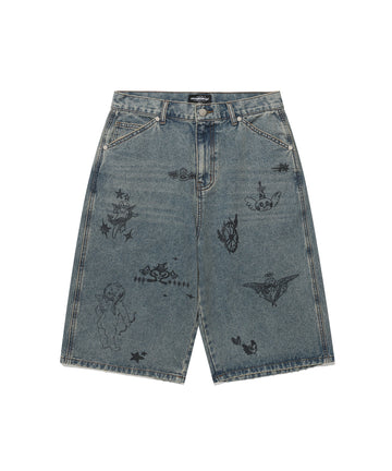 Nice Ghost Club Big Wide Bermuda Doodle Denim Pants