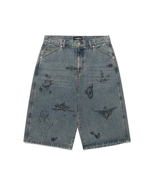 Nice Ghost Club Big Wide Bermuda Doodle Denim Pants