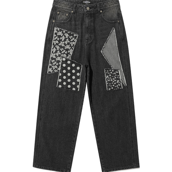 Nice Ghost Club Pattern Patchwork Wide Denim Pants