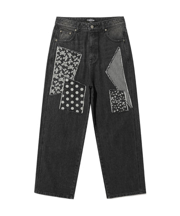 Nice Ghost Club Pattern Patchwork Wide Denim Pants