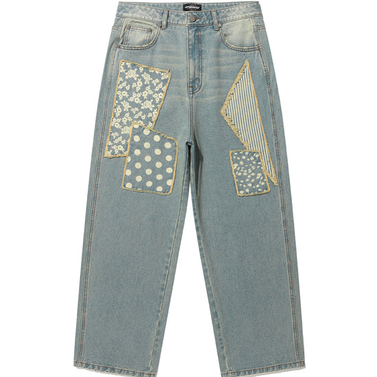 Nice Ghost Club Pattern Patchwork Wide Denim Pants