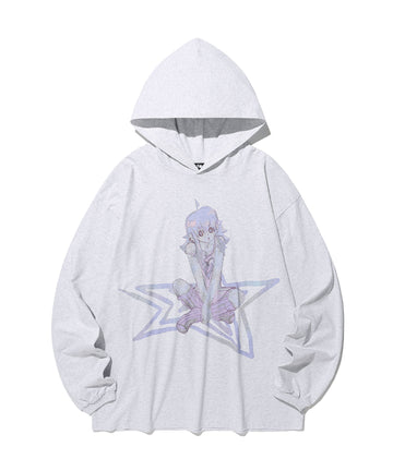 Nice Ghost Club Star Girl Big Big Long Sleeve Hoodie [Light Grey]